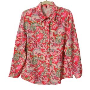 Classic Hot Pink Paisley Floral Women's Long Sleeve Button Down Shirt, Small
